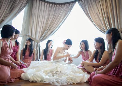 wedding picture of gorgeous bride and brides maid get together